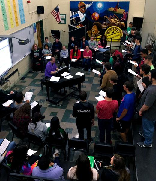 The OLCHS choir preparing for performances as a whole.
On November 23, 2015 conducted by Mr. Baglione in his choir room.