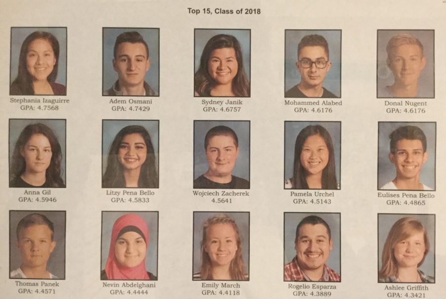 The top 15 students of this years senior class are proudly displayed in the main hallway for their academic achievement
