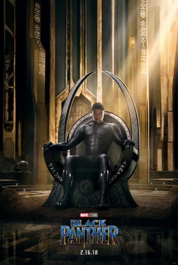 A promotional poster for Marvel’s Black Panther with Chadwick Boseman posing as title character T’Challa.