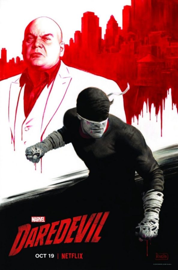 A poster for ‘Daredevil’ season 3 featuring stars Vincent D’Onofrio (Wilson Fisk/Kingpin) and a masked Carlie Cox (Matt Murdock/Daredevil).