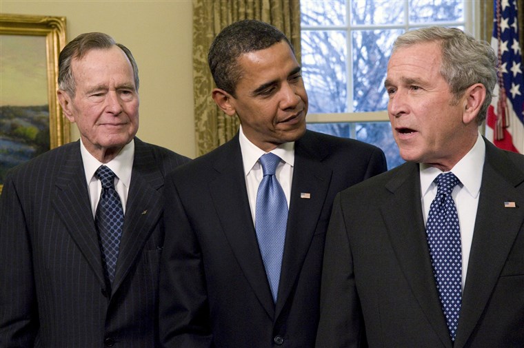 Presidents Bush and President Obama stand together shortly before the latter’s inauguration.