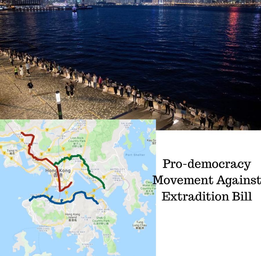 The red, green, and blue paths on the map represent the length of the human chain in Hong Kong. 